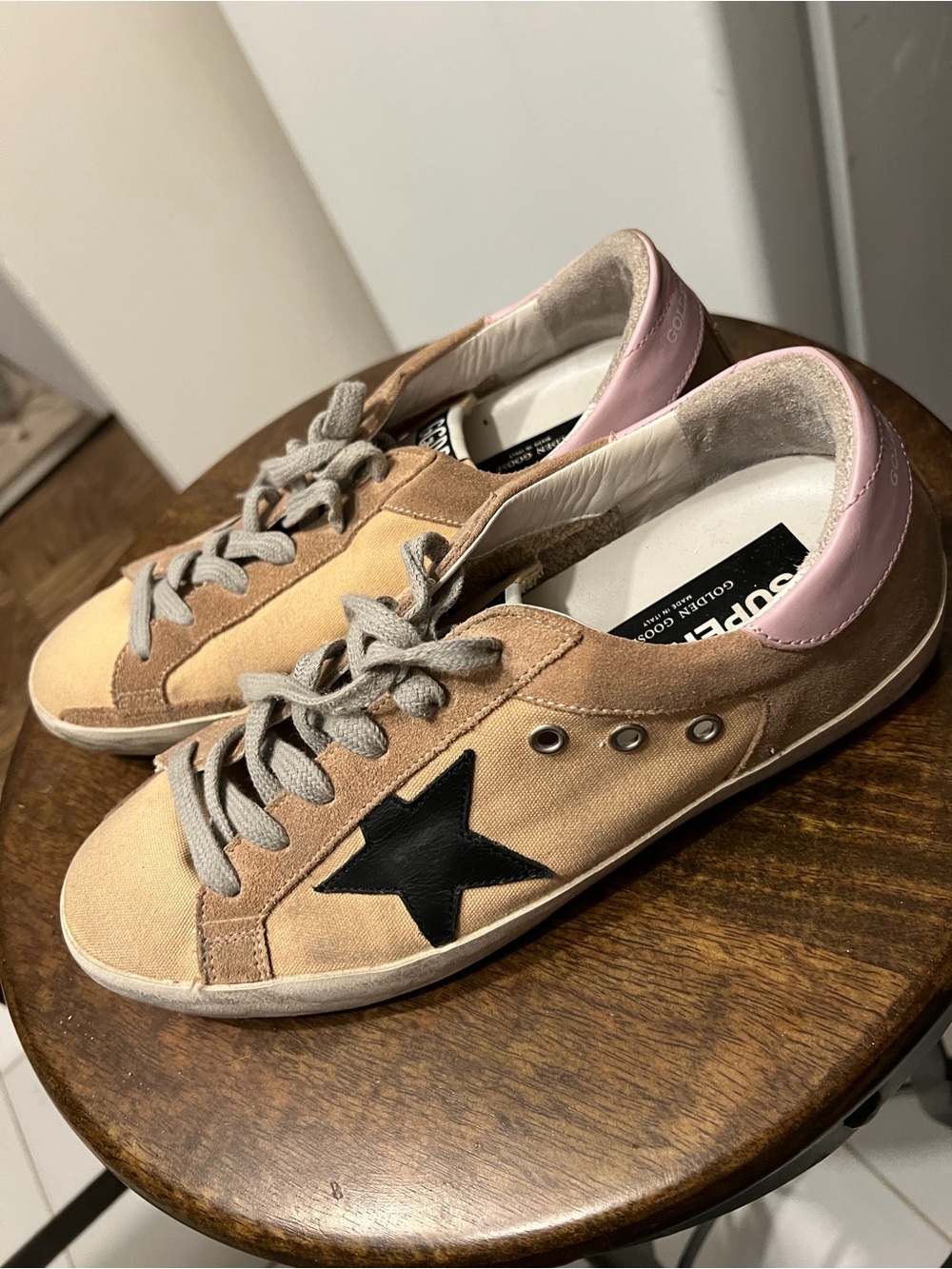 Golden Goose Beige Canvas Sneakers with Black Star and Pink Heel 40